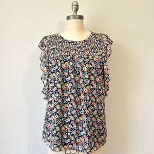 LOFT Top Floral Flutter Sleeve Lined Smocked Blouse Cottagecore NWT